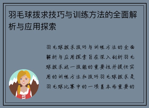 羽毛球拨求技巧与训练方法的全面解析与应用探索